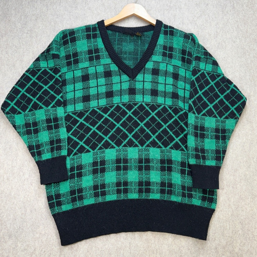 Vintage Lizsport Geometric Plaid Womens M Green Preppy 80s 90s Grandpa Sweater